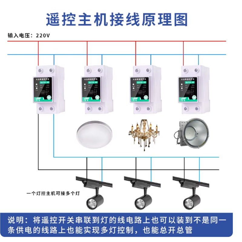 洁旺大功率遥控开关220V无线遥控40A主机带天线*9路+遥控器单路LED2000W使用距离500米高清大图