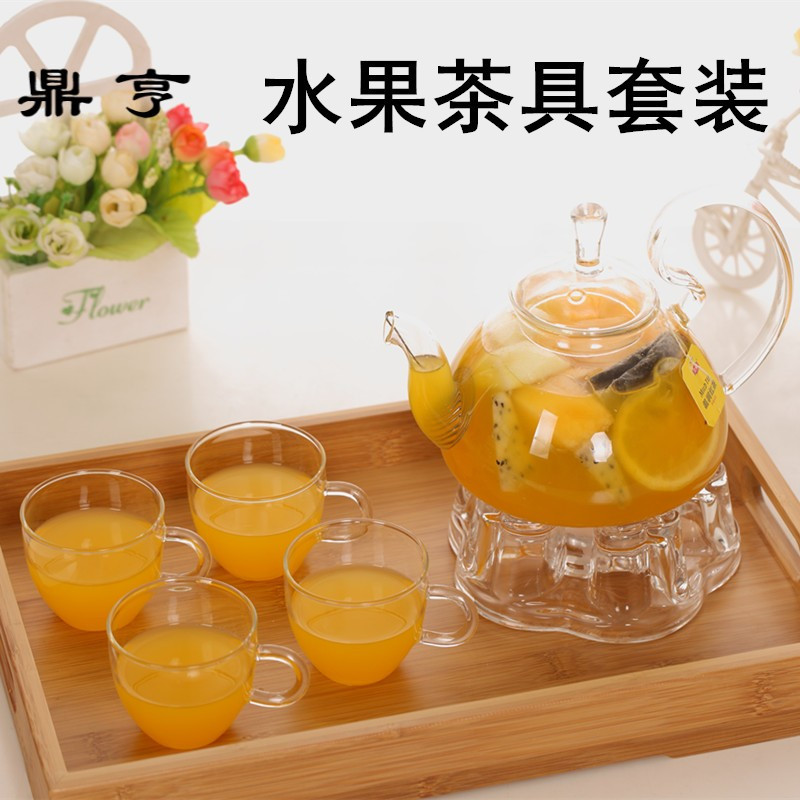 鼎亨加厚耐热玻璃花茶壶煮泡新鲜水果茶壶套装蜡烛可加热茶具透明