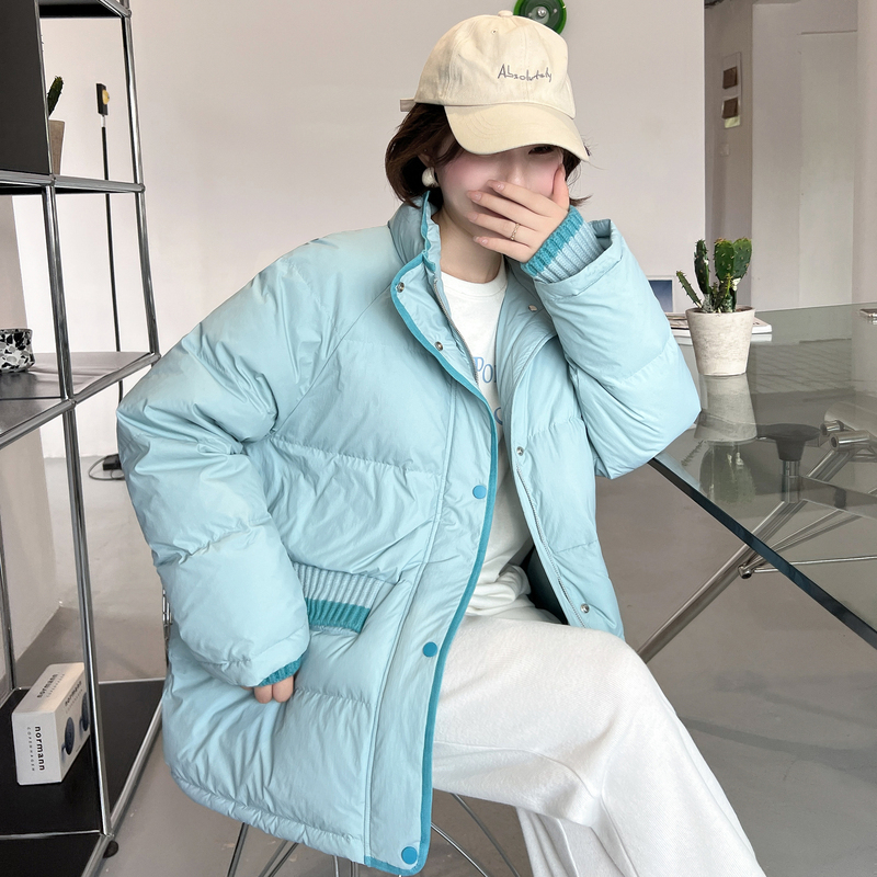 唐狮2023冬季新款羽绒服女长款立领宽松加厚面包服加厚外套K_037675 M 浅水蓝