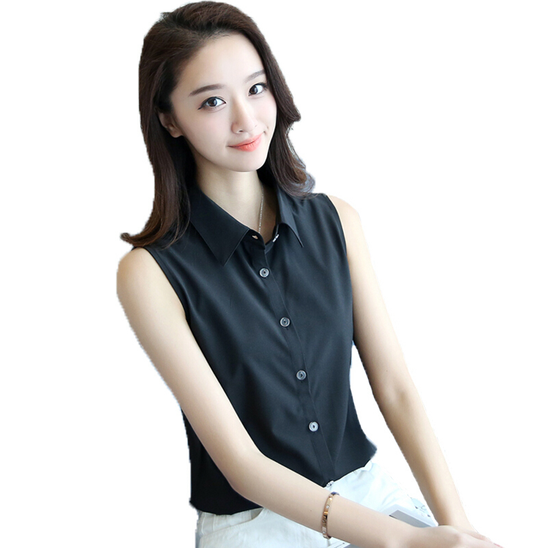夏装翻领学生百搭白色衬衫大码无袖雪纺衫女宽松上衣打底背心