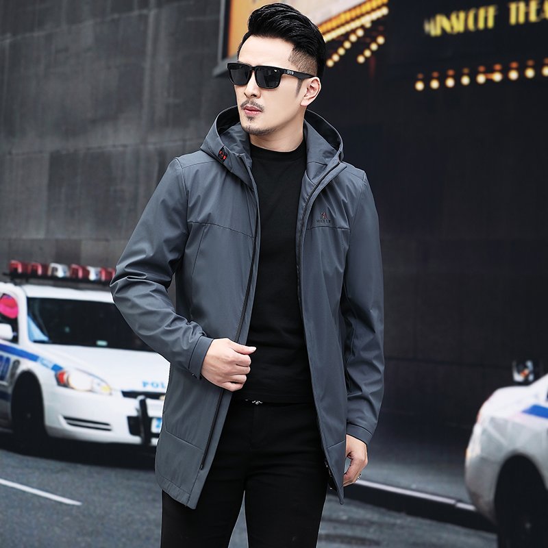 yuansu带帽风衣男中长款2020秋冬加棉加厚外套中青年商务休闲上衣连帽