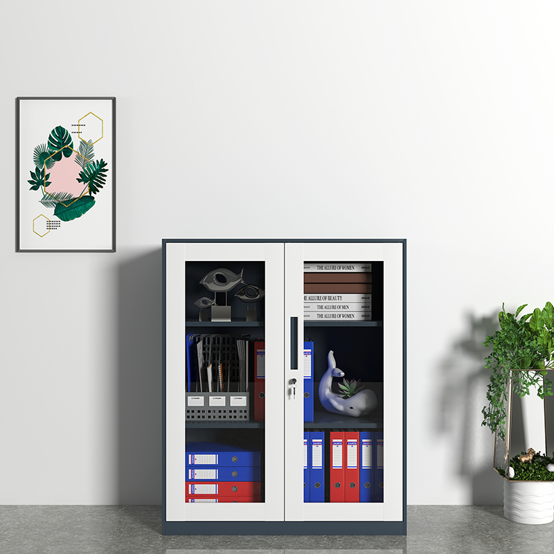 初嘉WJGT-006钢制文件柜窄边资料柜拆装档案柜带锁储物柜灰白对开门玻璃矮柜