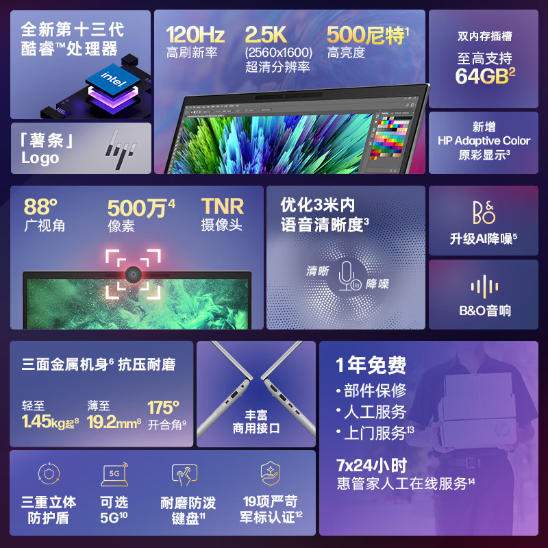 惠普(HP)战X 全新13代 14英寸高端高性能商务办公学习轻薄本笔记本电脑 定制i5-1340P 32G内存 1TB固态 高色域 2.5K 120HZ屏 500尼特 深银灰