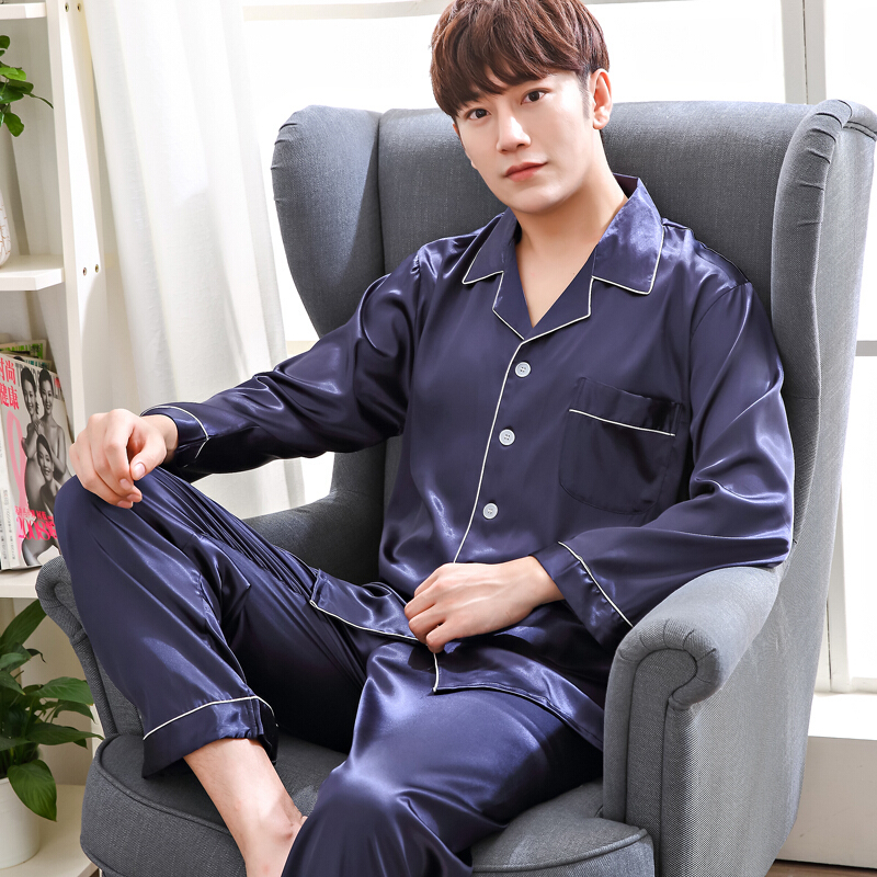 新品春秋季长袖情侣仿真丝绸睡衣套装男女冰丝质睡衣大码家居服夏