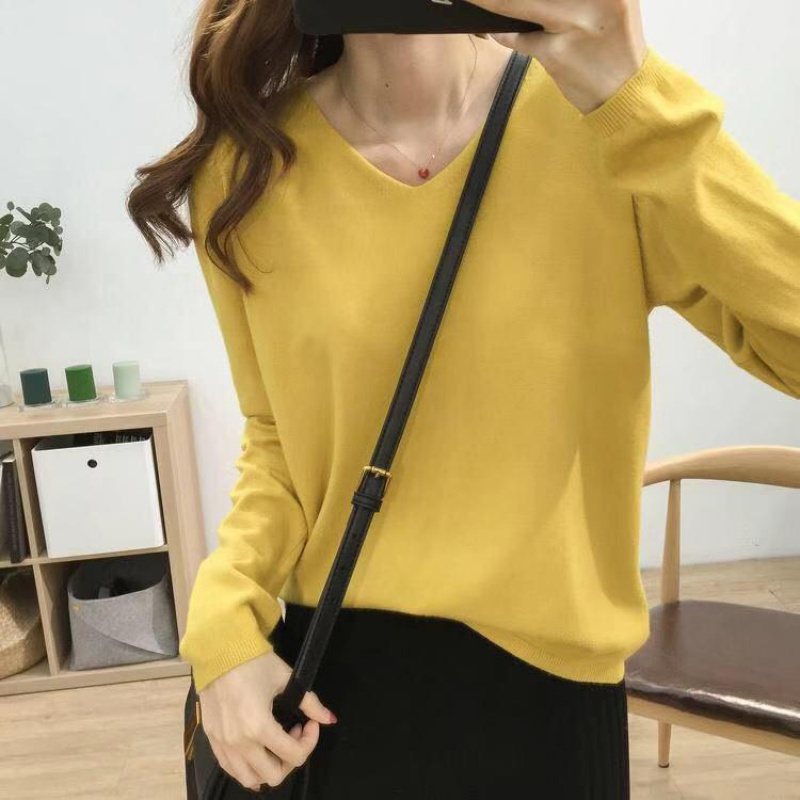 多色百搭显瘦V领纯色针织衫女软糯舒适长袖打底衫百搭上衣