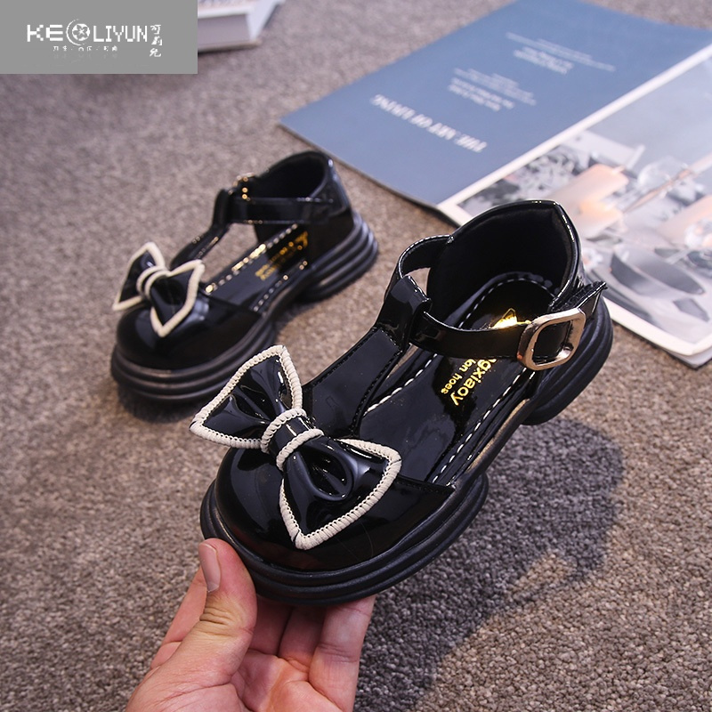 可莉允女童包头凉鞋夏季新款儿童黑色玛丽珍蝴蝶结公主鞋小女孩沙滩鞋