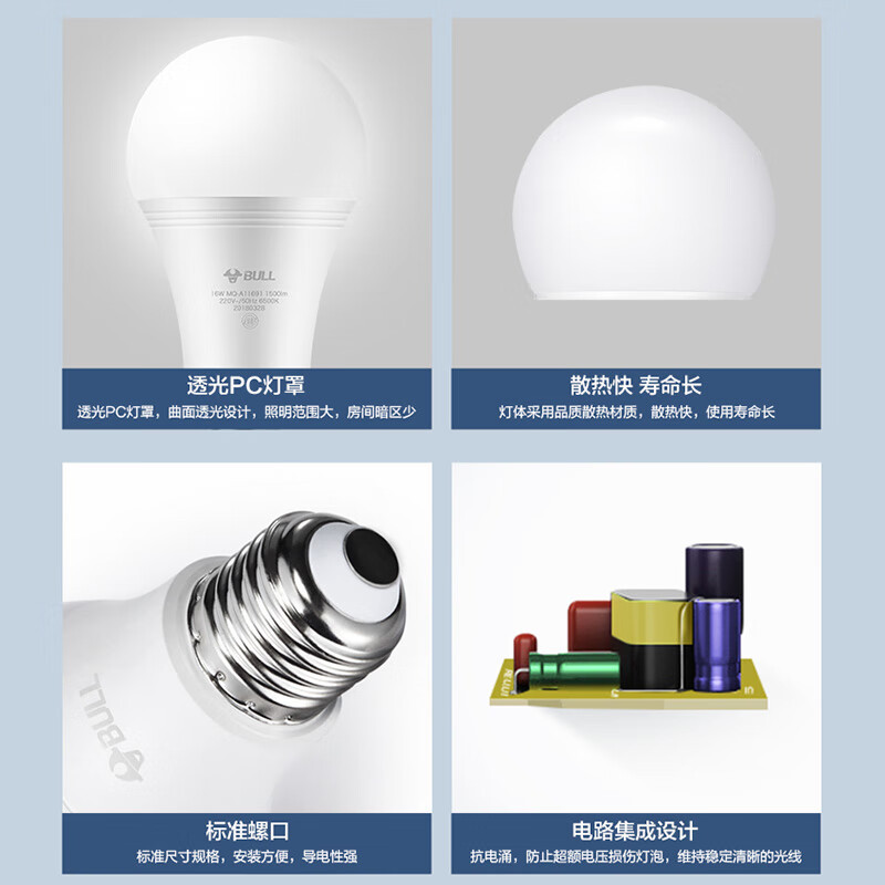 公牛(BULL) LED灯泡 E27大螺口球泡灯 16W 白光(日光色)/6500K MQ-A11631