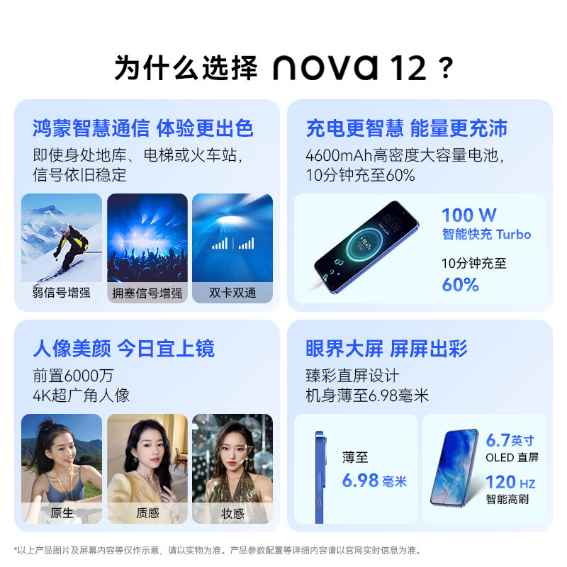 华为/HUAWEI nova 12 512GB 樱语白 6.7英寸轻薄臻彩直屏 100W智能快充Turbo 前置6000万4K超广角人像镜头 鸿蒙智慧通信智能手机