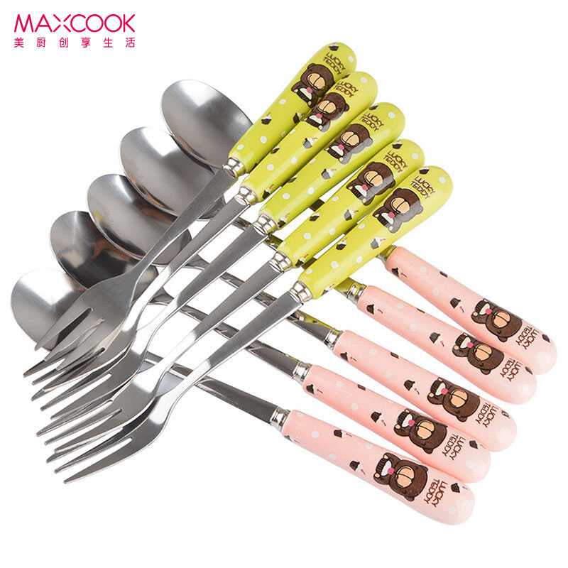 美厨(maxcook)不锈钢勺水果叉 韩式不锈钢陶瓷柄咖啡勺汤勺甜品叉10件套 MCGC427