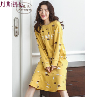 睡裙女秋纯棉中裙韩版长袖大码睡衣清新中长款家居服春秋季可外穿
