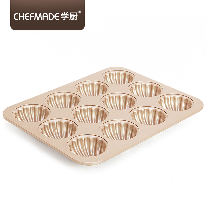 学厨厨房工具 烘焙模具蛋糕模具 重型碳钢材质 金色12连杯不粘日式玛德琳贝壳香蕉型蛋糕模具 WK9316