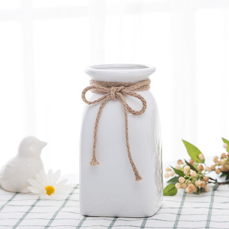 清新文艺白色麻绳花瓶陶瓷干花花瓶现代简约插装饰花鲜花瓶摆件三维