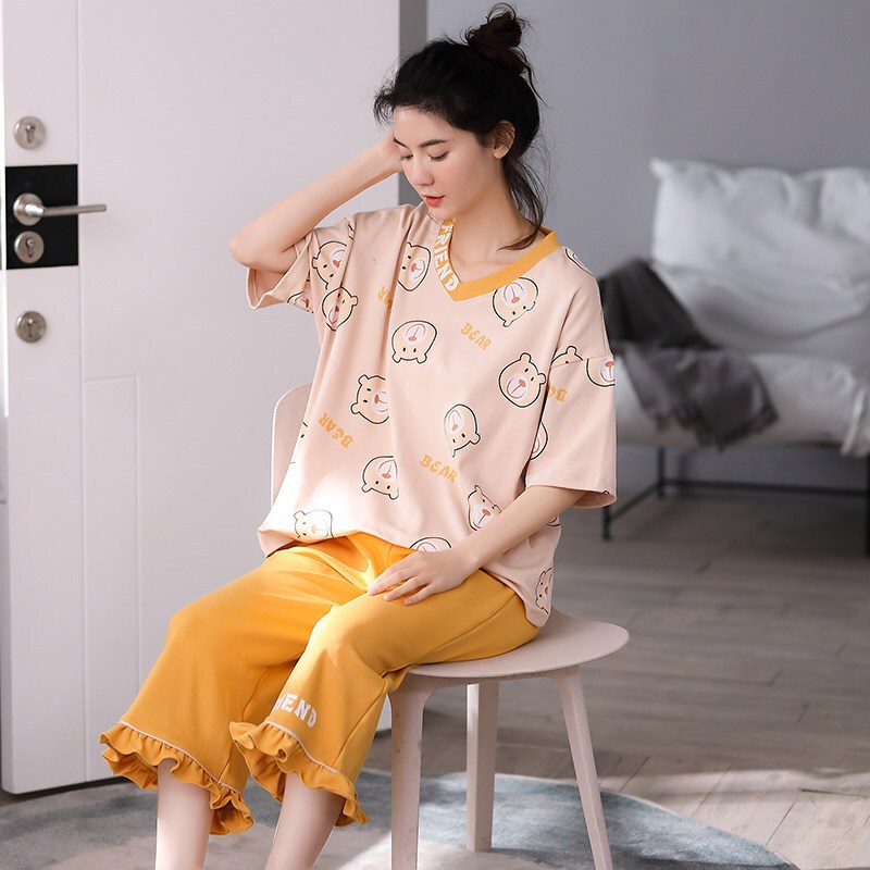 波迷娜(BOMINA)睡衣女夏纯棉短袖薄款韩版学生短裤夏季全棉服两件套装夏天