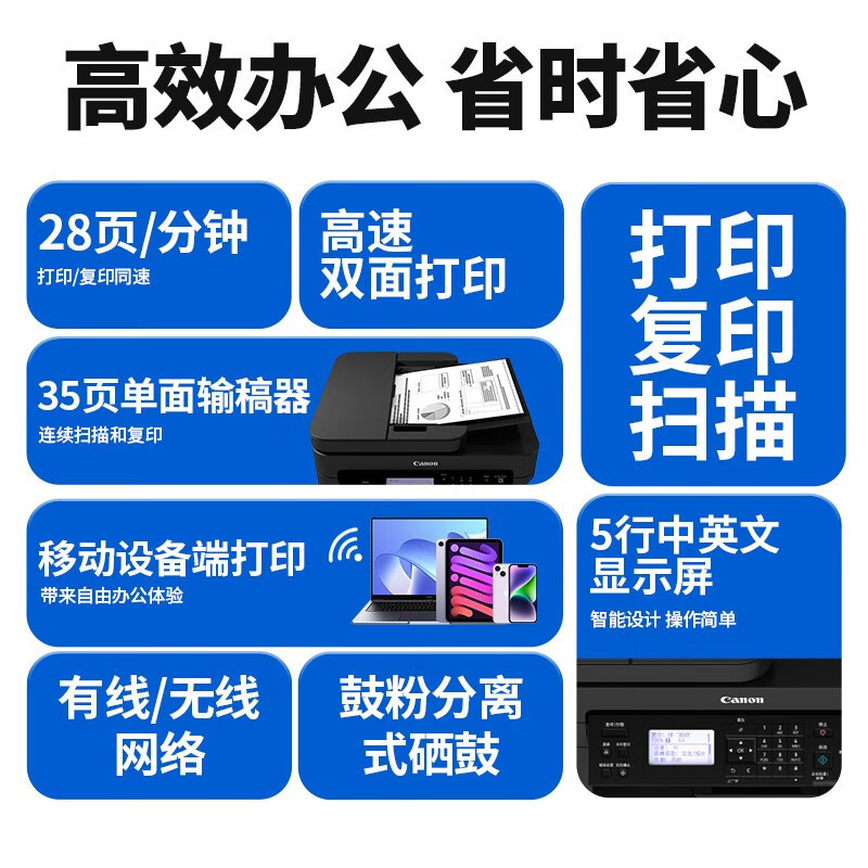 佳能(Canon)MF264/269DW II黑白激光双面无线打印机复印扫描家用商用一体机 MF264dw II自动双面无线WIFI 替代MF243D套餐3