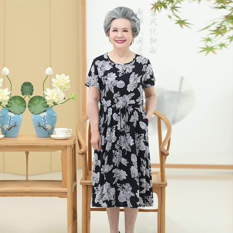 黑底百花连衣裙xl奶奶装夏装长裙子中老年人女装60岁70妈妈老人棉绸