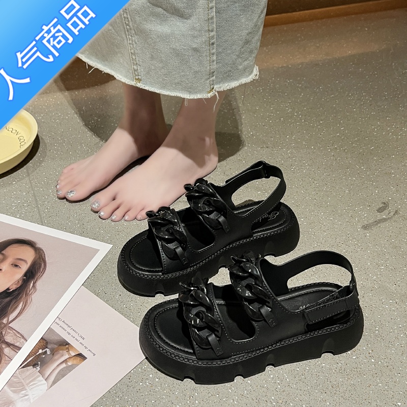 SUNTEK凉鞋2023年新款女夏季厚底时装罗马鞋百搭不累脚鞋子仙女风配裙子 黑色偏小一码 38