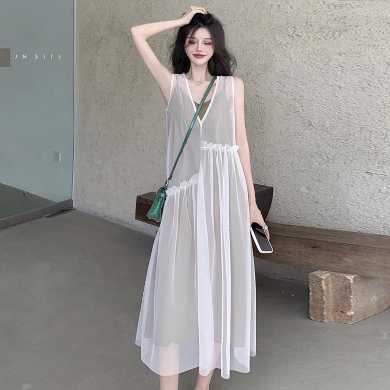 白色网纱无袖连衣裙女夏季2022新款设计感温柔风气质两件套长裙子 白色网纱罩衫 S