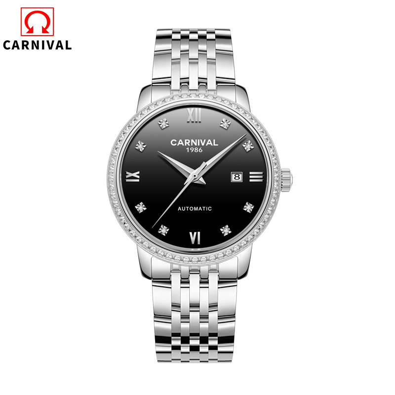 瑞士嘉年华carnival正品全自动机械表女士日历手表镶水钻纤薄防水简约