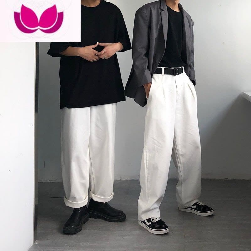 七斓港风古着痞帅白色牛仔大码长裤男ins日系oversize宽松显瘦阔腿裤图片