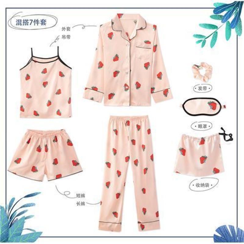 冰丝绸睡衣女七件套丝绸性感内衣春秋夏吊带裙睡袍套装蕾丝家居服 粉底草莓印花 七件套 M