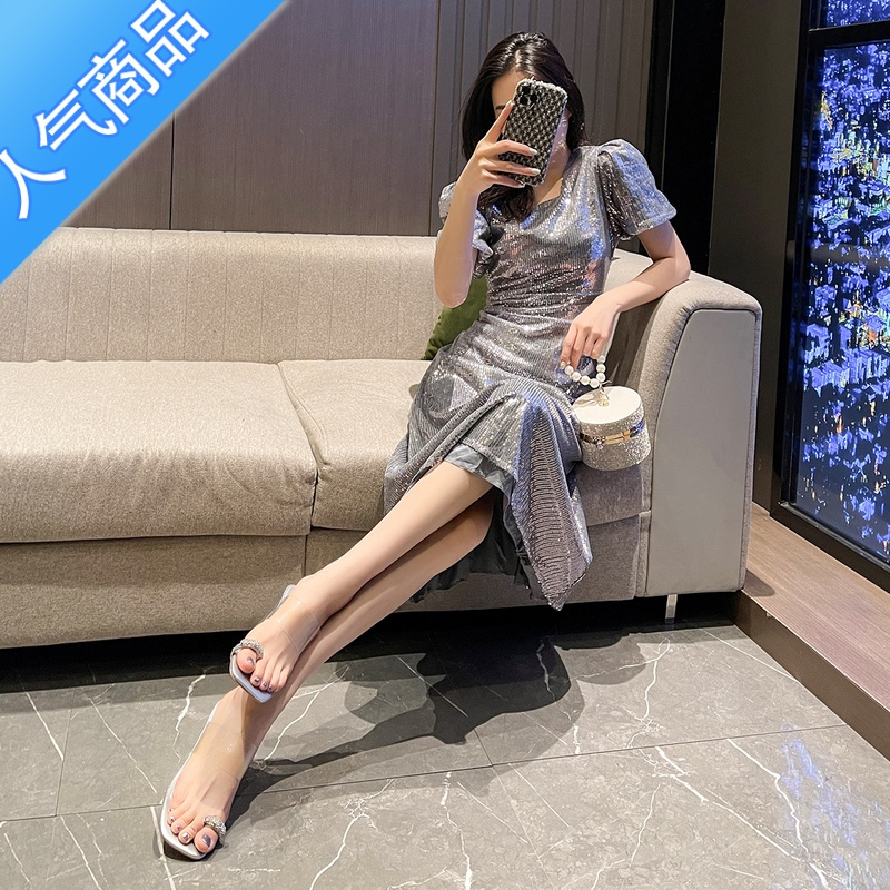 SUNTEK2023新款夹脚拖鞋女外穿夏季透明水晶跟粗跟银色水钻高跟夹趾凉鞋