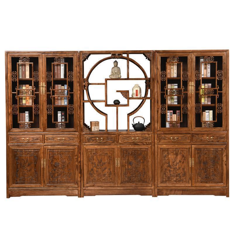 森美人新中式书柜花书柜书架实木带客厅卧室仿古典三组合展示柜书橱