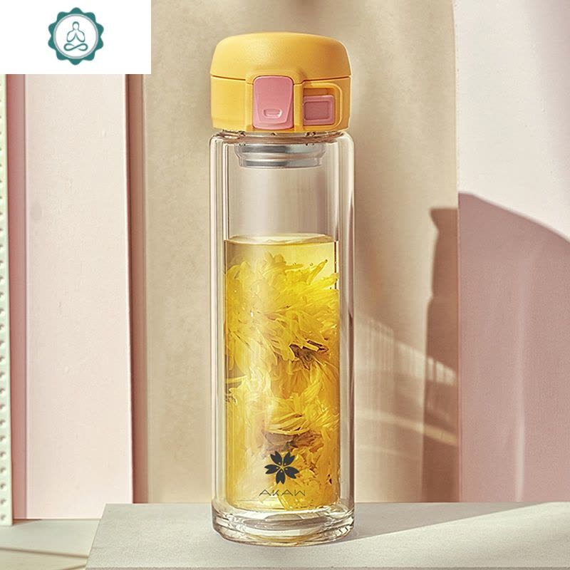 创意泡茶随手花茶杯女 学生家用网红便携双层玻璃水杯子 封后 380ML升级款弹盖-凤梨黄图片
