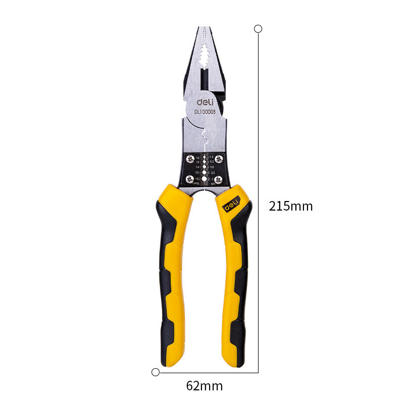 得力(deli) 多功能钢丝钳省力型铬钒钢带剥线(黄)8"