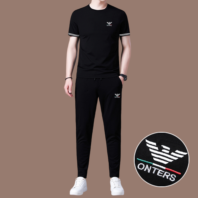 恒源祥桑蚕丝男士休闲运动套装男夏季潮流帅气冰丝短袖男装两件套 黑色519款 190/XXXXL适合体重195-220斤