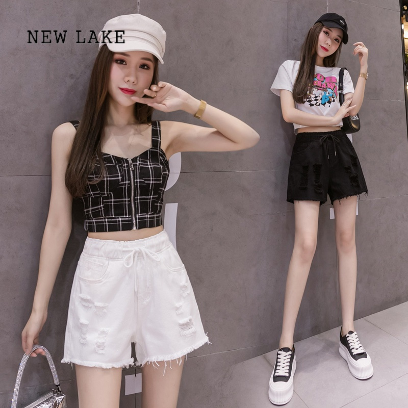 lake大码白色破洞牛仔五分裤女夏季宽松热裤胖mm松紧腰抽绳阔腿短裤