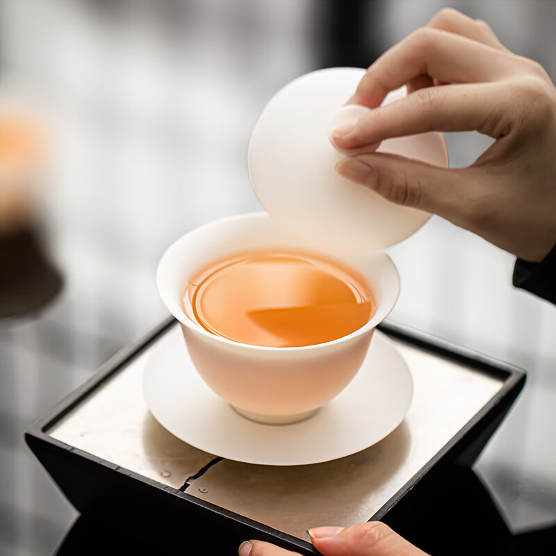 苏氏陶瓷/SUSHI CERAMICS JA09 冰种玉瓷超薄胎“清欢”三才盖碗150ml茶具泡茶碗礼盒装