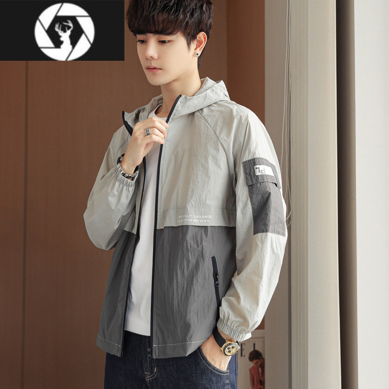 hongzun夏季轻薄防晒衣男户外钓鱼服宽松连帽男士旅行外套冰感透气