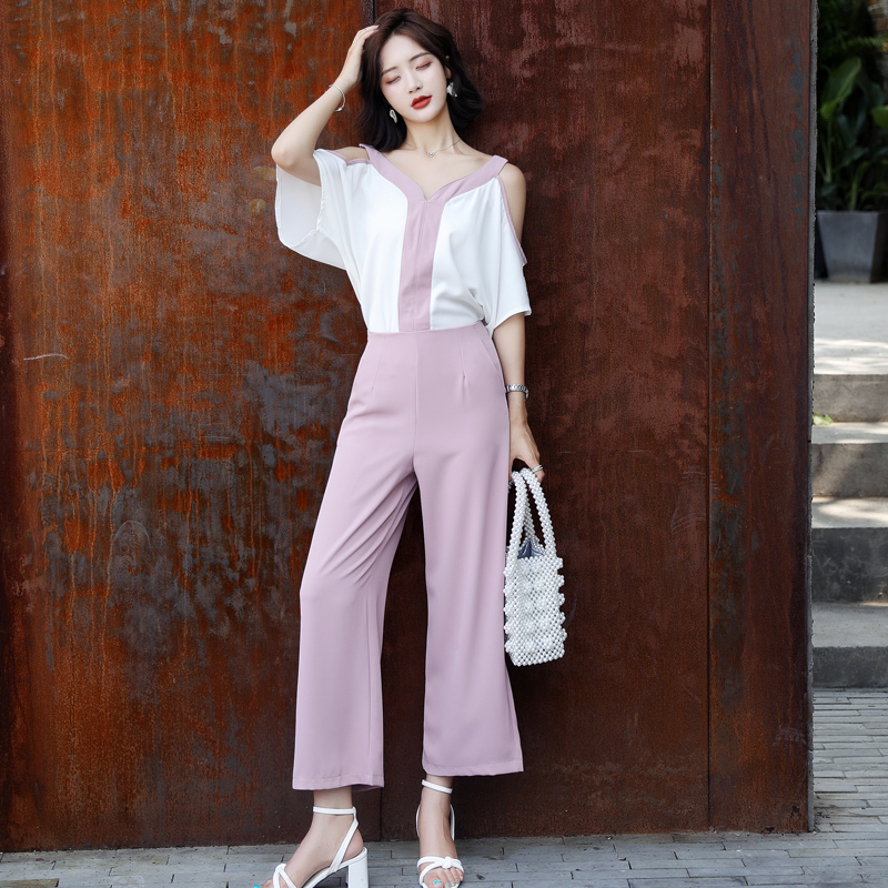 小个子阔腿裤套装女夏女士新品韩版宽松露肩上衣高腰显瘦九分裤潮