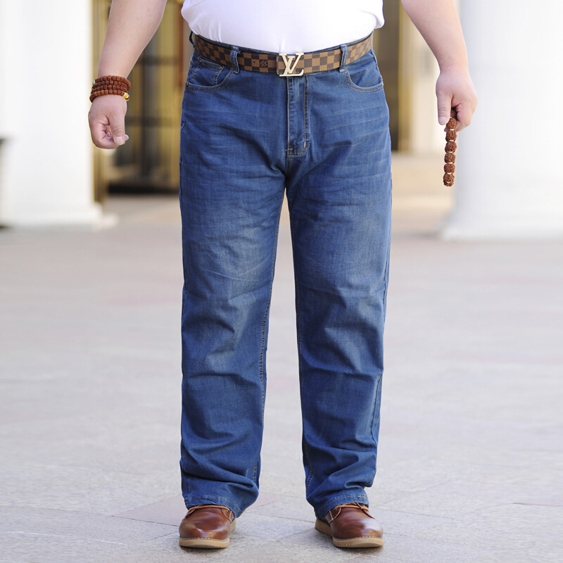 夏季加肥加大码牛仔裤男薄弹力高腰宽松胖人长裤子休闲直筒