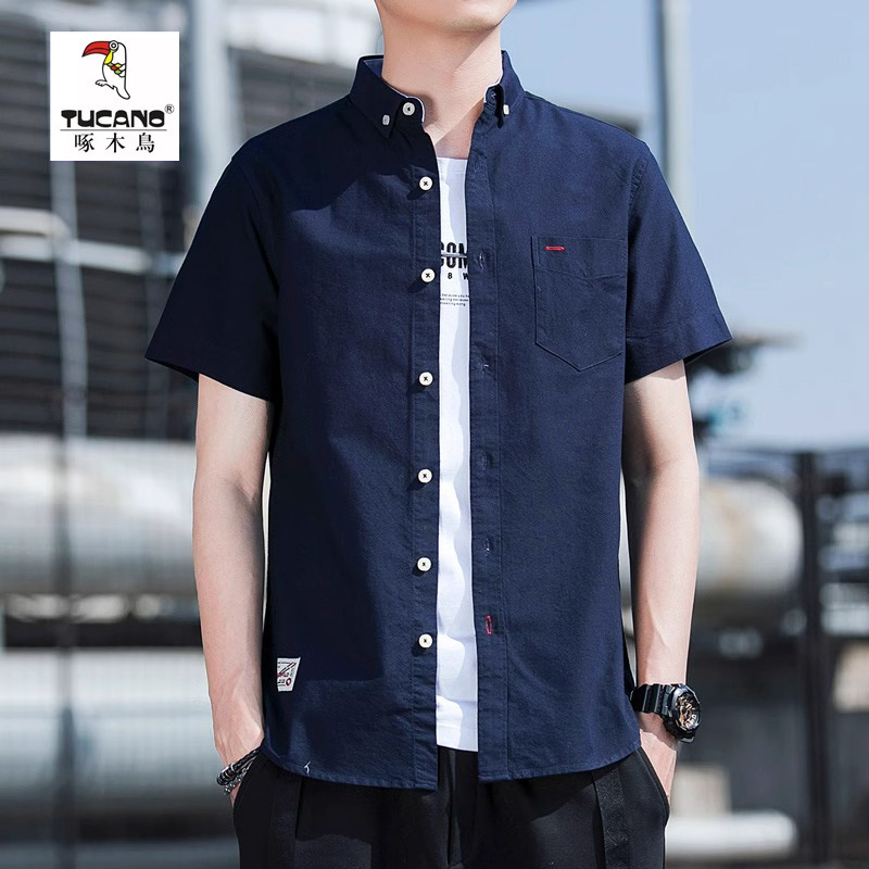 啄木鸟男士冰丝短袖衬衫夏季薄款商务休闲免烫百搭工装衬衣潮外套高清大图