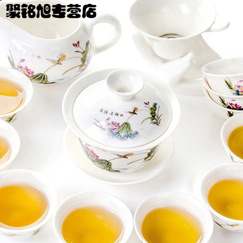 青花白瓷功夫茶具套装套组合盖碗茶杯10个杯子陶瓷泡茶器家用6人整套家用喝茶水具水杯套装待客喝茶茶具陶瓷水具