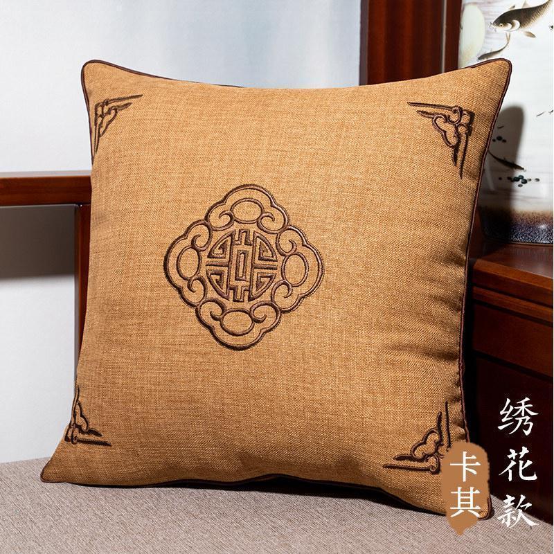 家柏饰(CORATED)新中式刺绣花抱枕套客厅沙发亚麻靠背不含芯腰枕靠枕头中国风靠垫 悦轩阁-卡其（绣花） 60cm*60cm（枕套+枕芯)