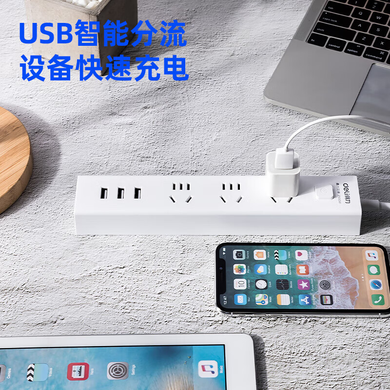 得力18288(1.8)插座_3组+3A_1.8米_彩盒(白) 单位:个高清大图