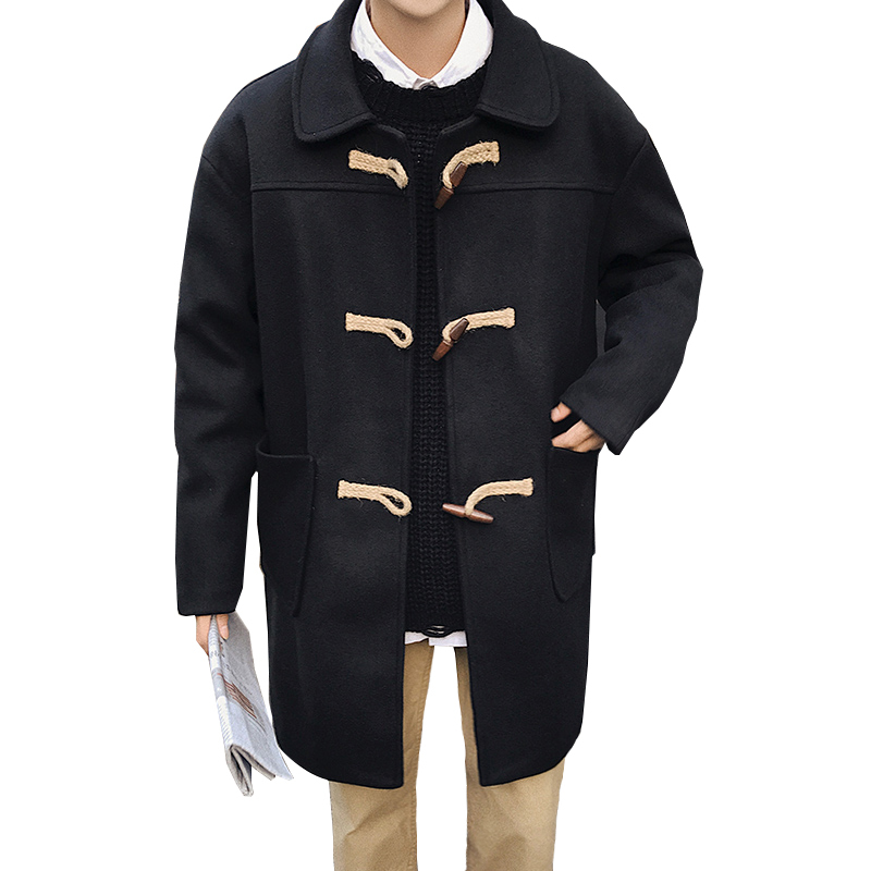 suntek英伦牛角扣大衣男士春秋装中长款毛呢子风衣韩版潮流帅气加厚