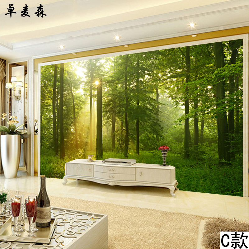 墙纸大型壁画简约自然风景绿色森林阳光壁纸电视背景墙客厅风景壹德壹