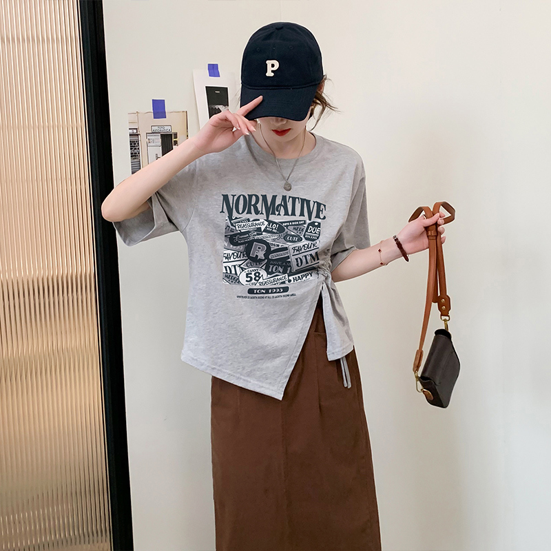 [2.5折价46元]唐狮春夏新款女设计感抽绳短袖T恤圆领百搭港味chic上衣潮x
