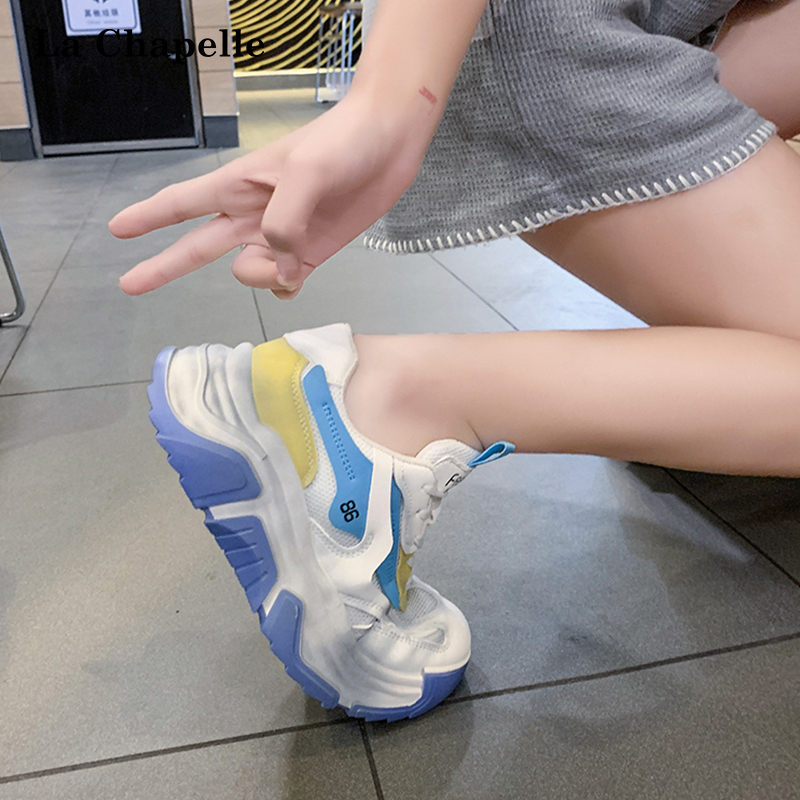 拉夏贝尔新款舒适百搭双网面厚的增高老爹鞋