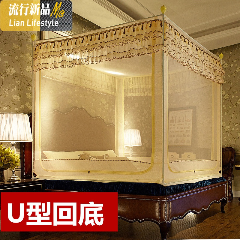 加高加密u型三开拉链回底方顶蒙古包蚊帐无底防摔1.5/1.8m米三维工匠 1.8*2.2m床 5827米黄回底不锈钢