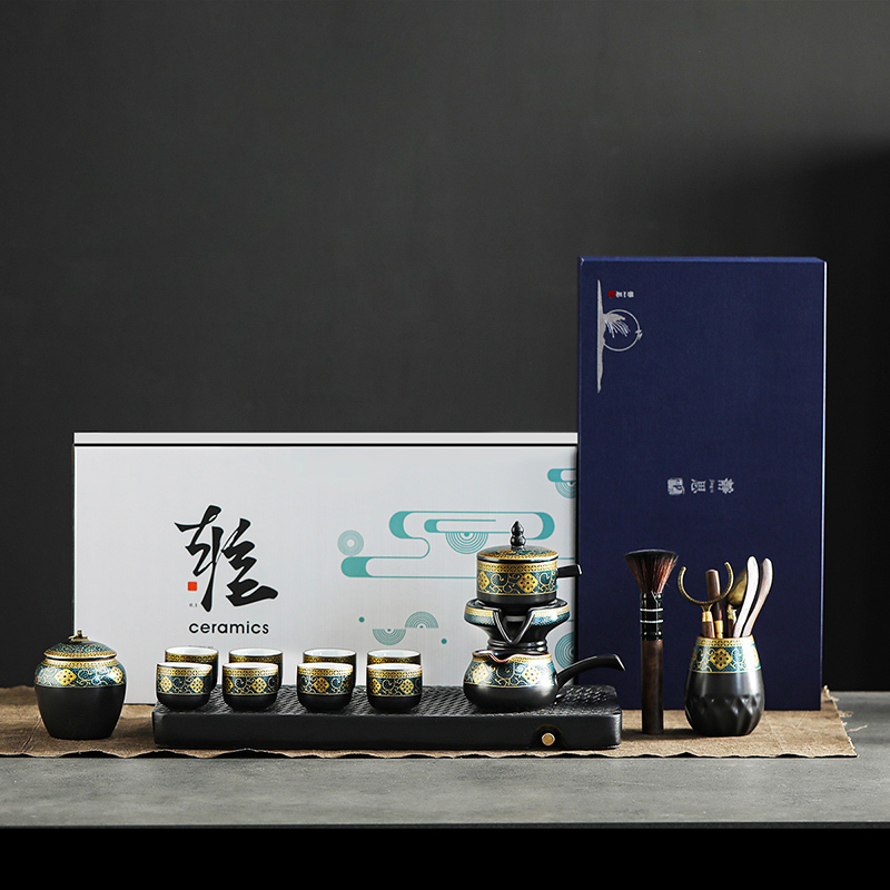 領藝 古韵懒人功夫茶具套装家用小套带茶盘陶瓷自动泡茶器中式茶礼 [礼盒装]古韵自动13头配墨雪