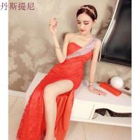 气质女神性感斜肩亮片裹胸蕾丝鱼尾连衣裙包臀开叉夜店长裙晚礼服
