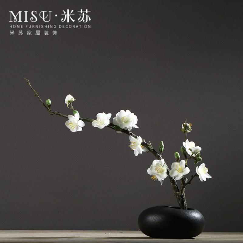 中式简约陶瓷花瓶摆件客厅餐桌插花家居软装饰品禅意仿真梅花套装收纳袋 三维工匠 白色花瓶套装_999