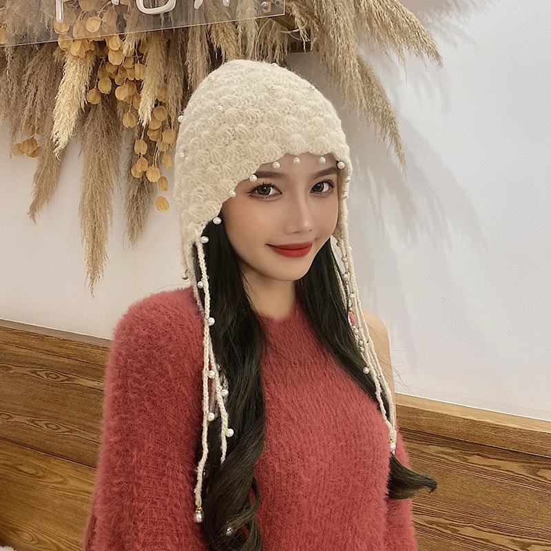 帽子女秋冬手工钩花文艺复古针织帽网红直播仙女珍珠镂空流苏帽