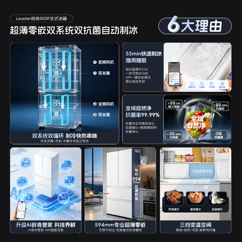 统帅500L 海尔出品法式四门家用超薄零嵌入冰箱一级能效风冷无霜自动制冰 BCD-500WGLFDG4L9U1高清大图