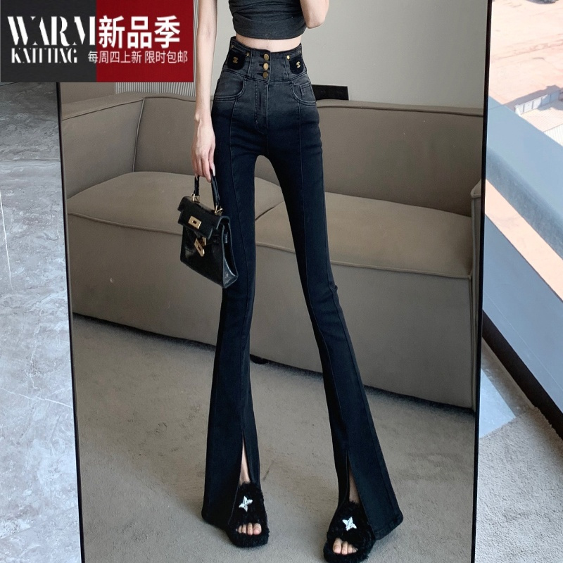 SHANCHAO开叉微喇牛仔裤女春装2023年新款高腰显瘦渐变黑色喇叭裤拖地长裤