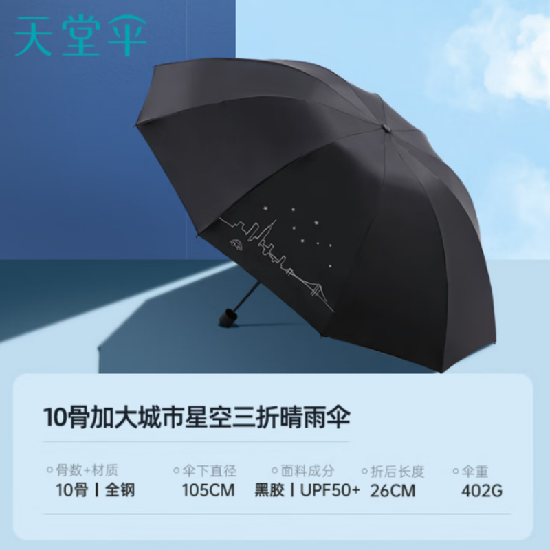 天堂双人晴雨伞三折太阳伞10k钢骨全钢加大加固伞抗风晴雨伞下105CM黑色高清大图